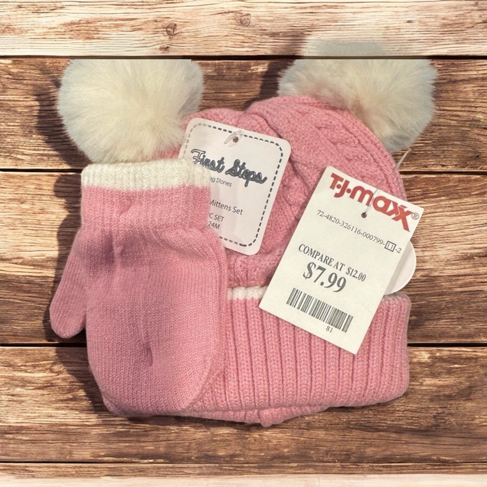 First Steps 18-24 Months Infant Pink Knit Hat and Mittens Set